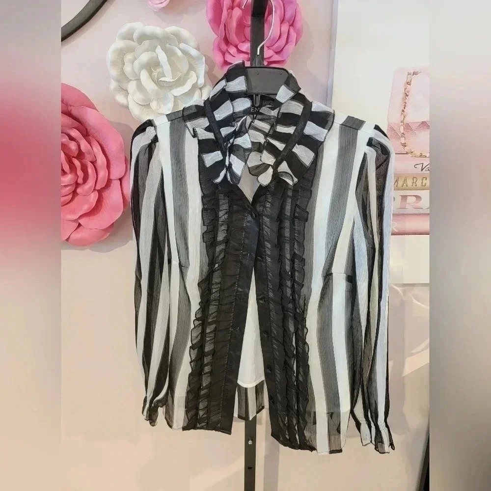Venus Black and White Stripe Ruffle Button Front Blouse